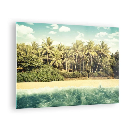 Tablou pe sticlă - O plajă exotică cu palmieri și o mare turcoaz într-o zi însorită - 70x50cm - Ce zici de aici? - Decorațiune modernă pentru perete pentru living și dormitor ARTTOR
