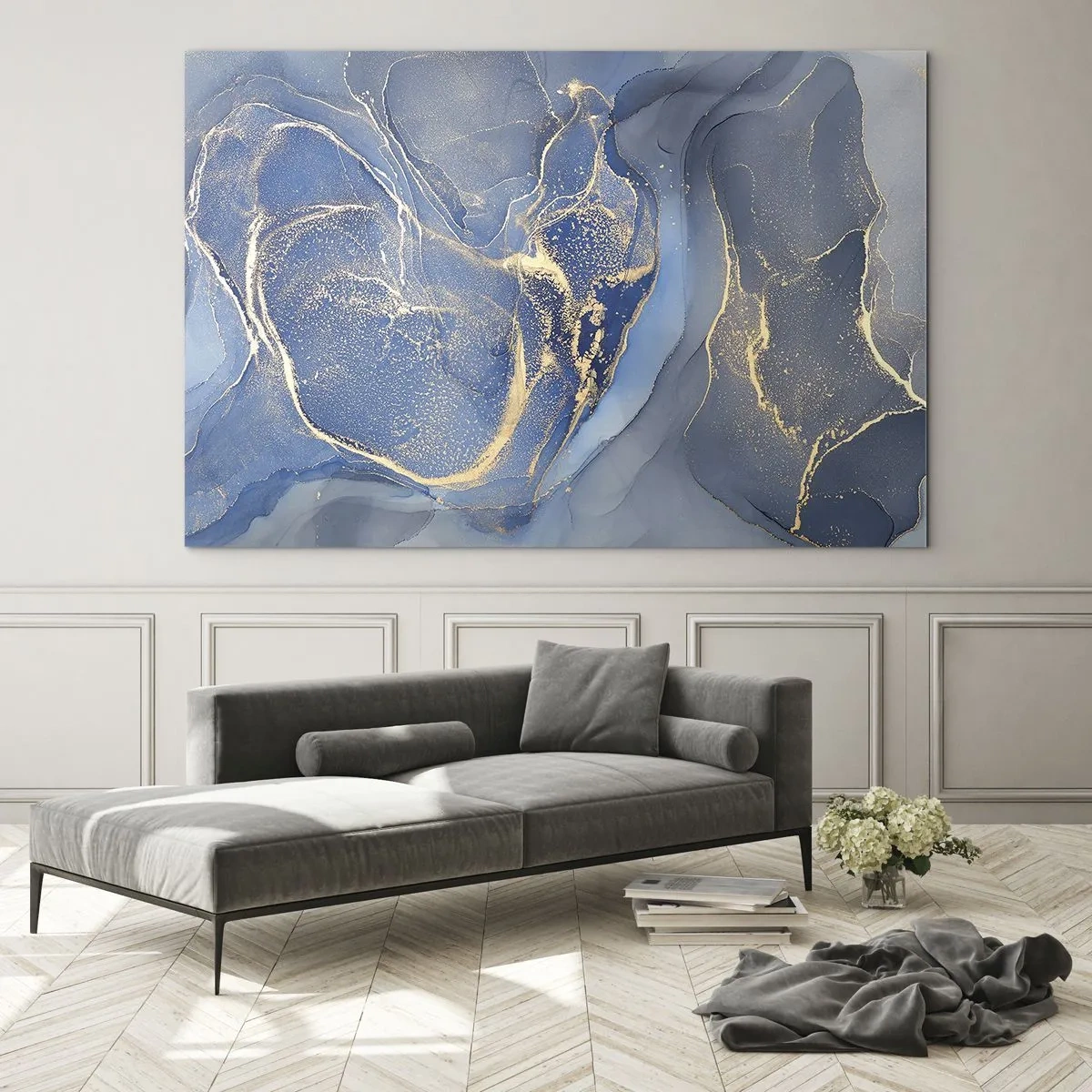 Tablou pe sticlă - O compoziție abstractă în nuanțe de albastru marin și auriu - 70x50cm - Praf de aur - Decorațiune modernă pentru perete pentru living și dormitor ARTTOR