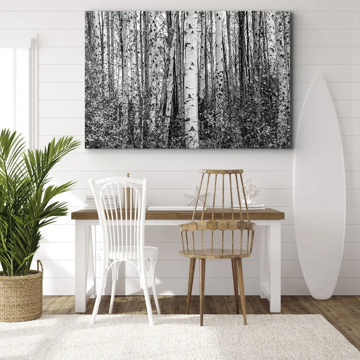Tablou pe pânză Canvas - Mesteacăni albi și negri în pădure - 70x50cm - Coloane de mesteacăn - Decorațiune modernă pentru perete pentru living și dormitor ARTTOR