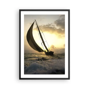 Poster în ramă neagră - O barcă cu pânze pe o mare furtunoasă în strălucirea soarelui care apune - 50x70cm - Vânt în jos și în sus - Decorațiune modernă pentru perete pentru living și dormitor ARTTOR