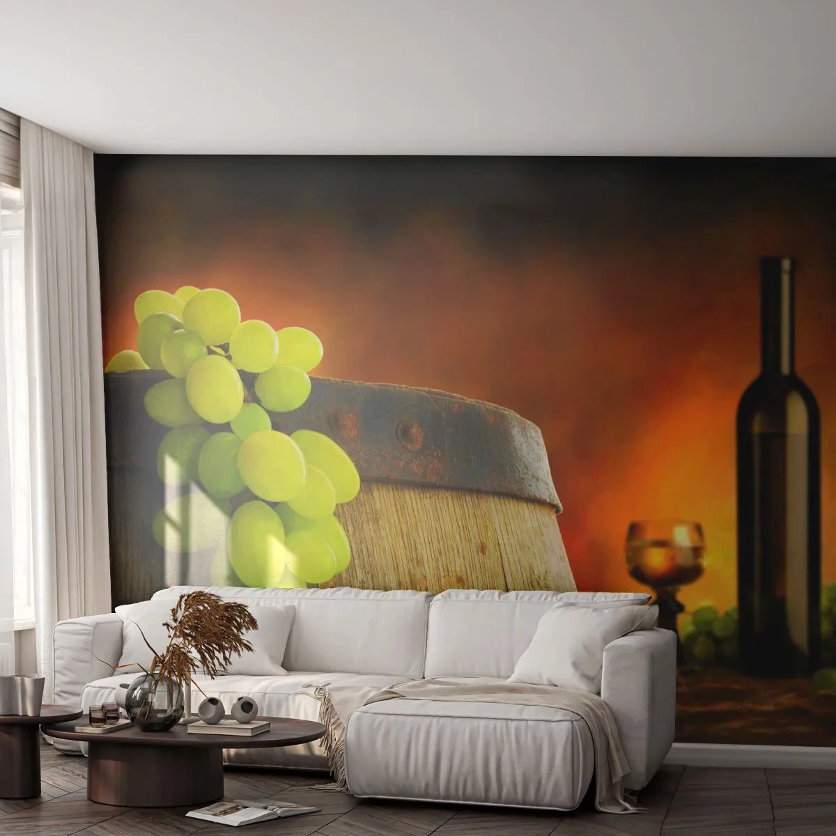 Tapet Premium Sand - Natură moartă cu o sticlă de vin și un ciorchine de struguri - Strugurii, Vin, Butoiul de vin - 100x70 cm