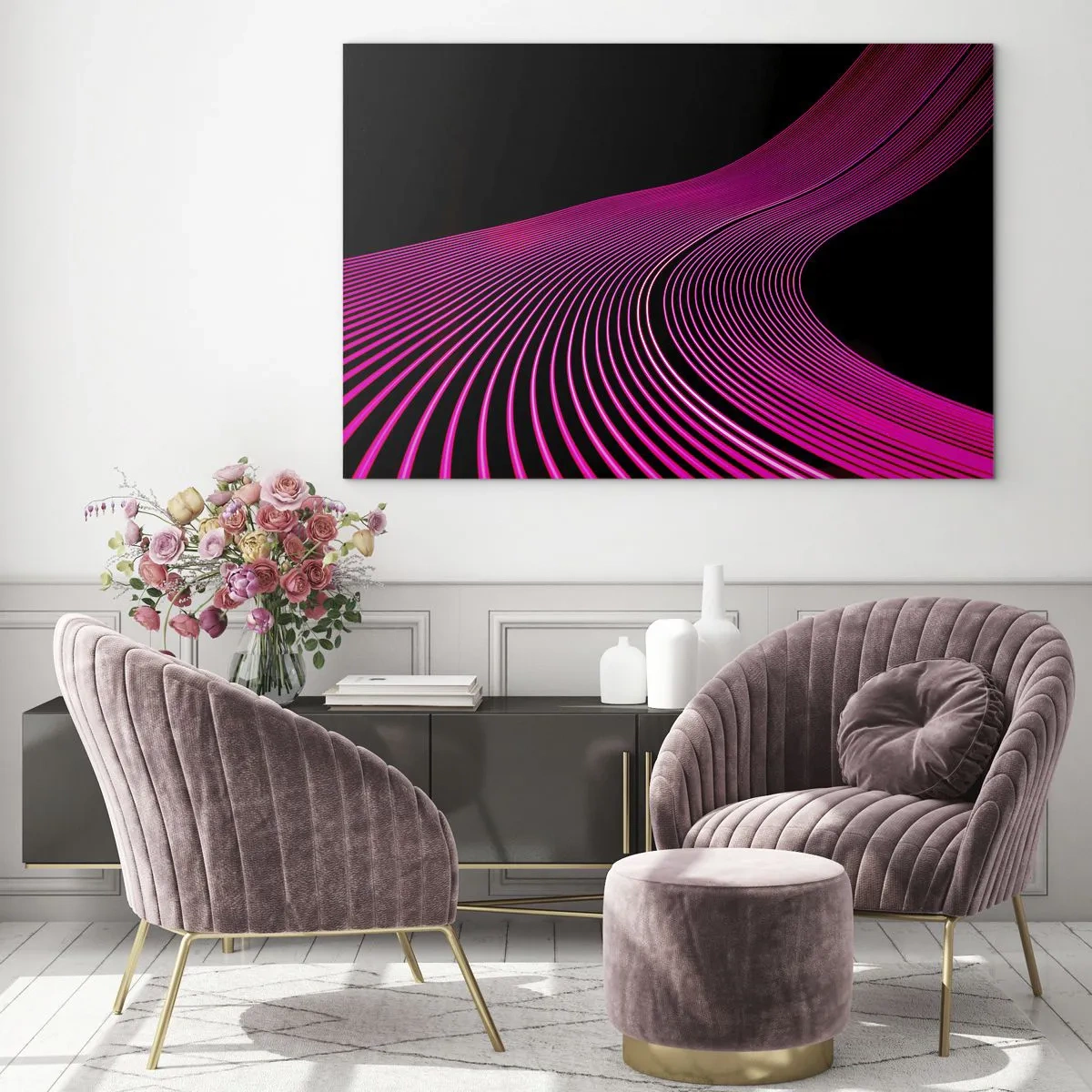 Tablou pe sticlă - Linii de lumină roz pe fundal negru - 70x50cm - Bulevardul de lumină - Decorațiune modernă pentru perete pentru living și dormitor ARTTOR