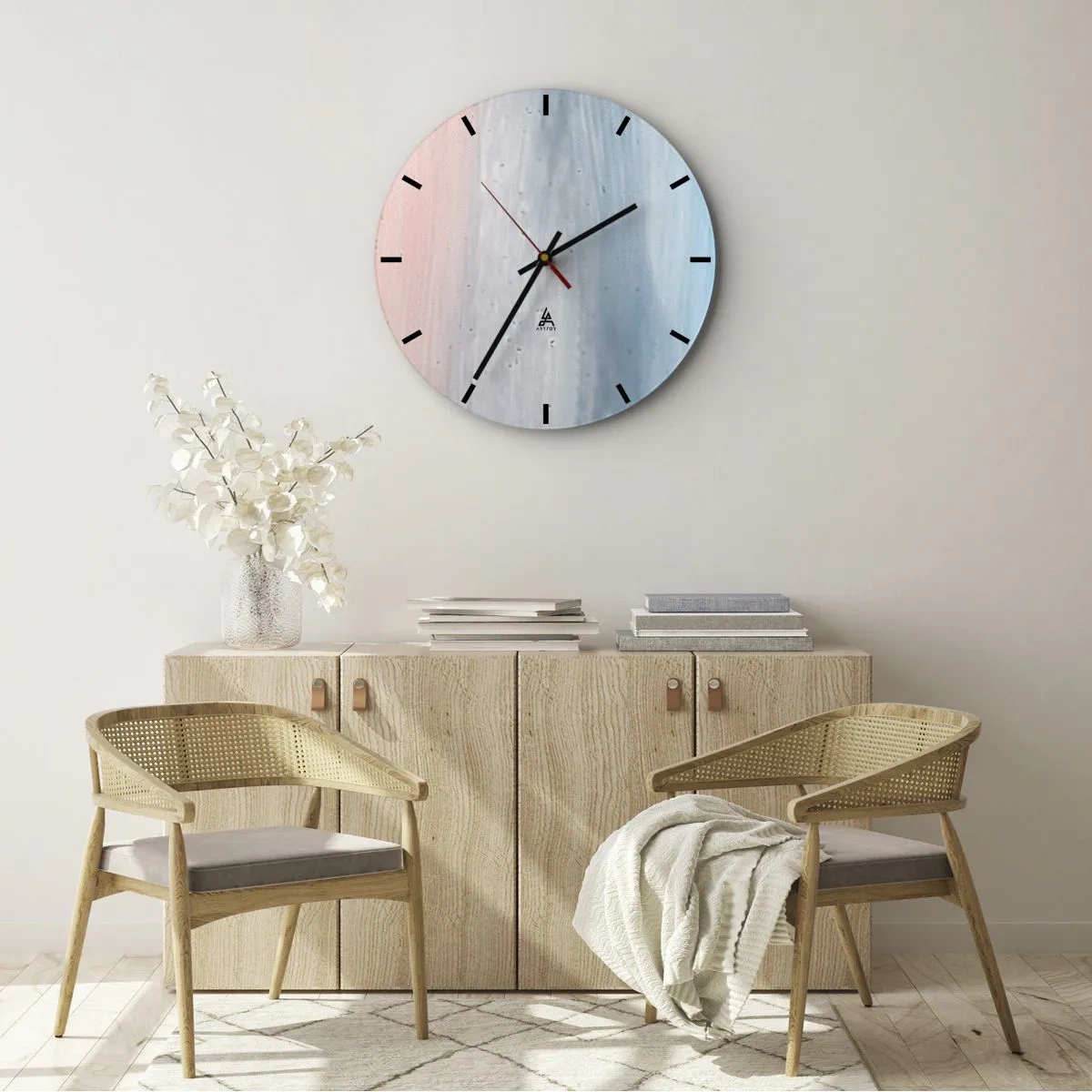 Ceas de perete - Ceas pe sticlă - Culorile pastelate trec de la roz, gri și albastru intens - 30x30cm - Elemente: aer - Decorațiune modernă pentru perete pentru living, bucătărie și dormitor ARTTOR