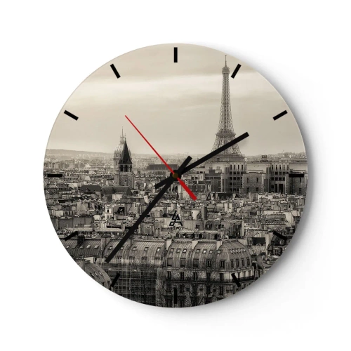 Ceas de perete - Ceas pe sticlă - Vedere panoramică a Parisului cu Turnul Eiffel - 30x30cm - Deasupra acoperișurilor Parisului - Decorațiune modernă pentru perete pentru living, bucătărie și dormitor ARTTOR
