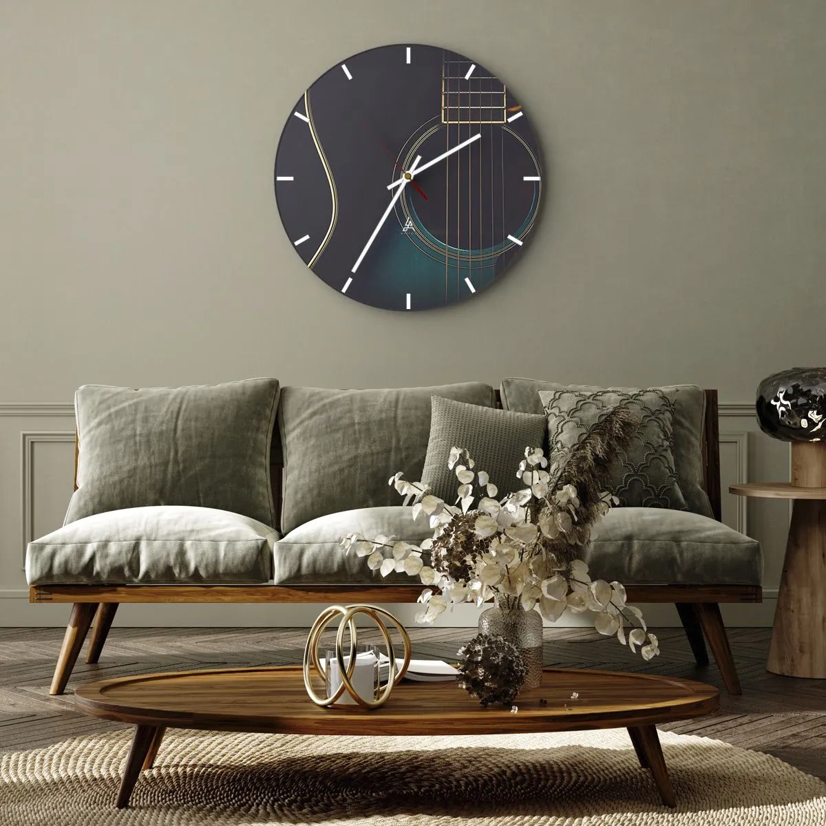 Ceas de perete - Ceas pe sticlă - Detaliu al plăcii de rezonanță a unei chitare acustice - 30x30cm - O clipă înainte de a suna - Decorațiune modernă pentru perete pentru living, bucătărie și dormitor ARTTOR