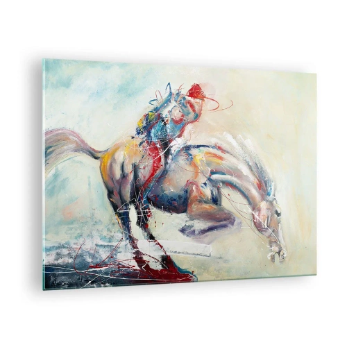 Tablou pe sticlă - imagine abstractă a unui cal în mișcare dinamică. - 70x50cm - Ai grijă, să zburăm - Decorațiune modernă pentru perete pentru living și dormitor ARTTOR