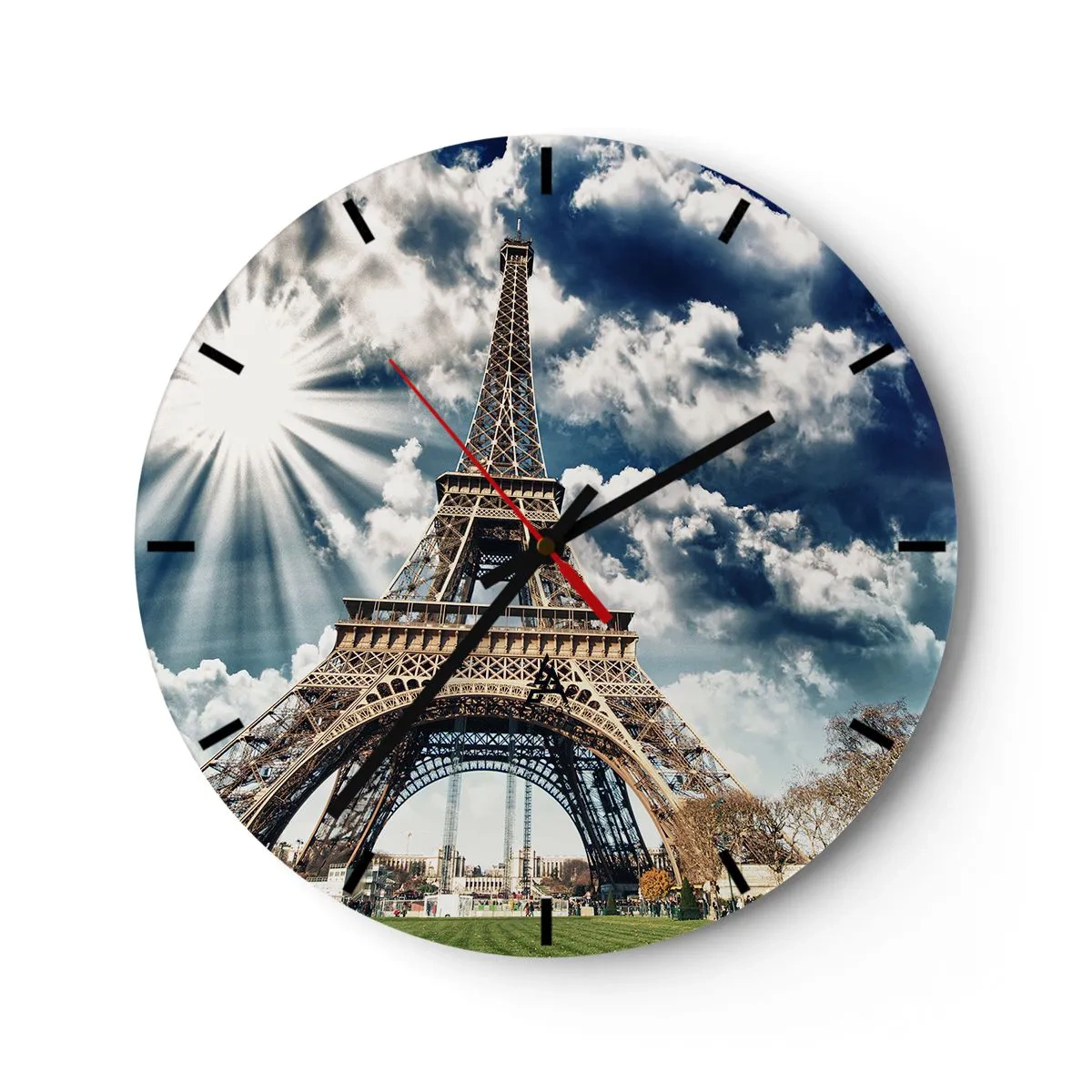 Ceas de perete - Ceas pe sticlă - Turnul Eiffel pe cer cu raze de soare - 30x30cm - Singura de acest fel sub soare - Decorațiune modernă pentru perete pentru living, bucătărie și dormitor ARTTOR