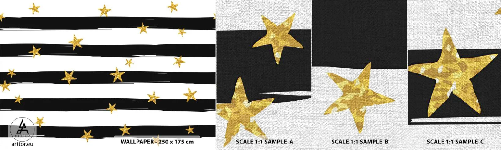 Mostră tapet Premium Canvas - Cu toții ne-am născut sub o stea norocoasă - Grafică, Stea de aur, dungi albe și negre - 100x30 cm