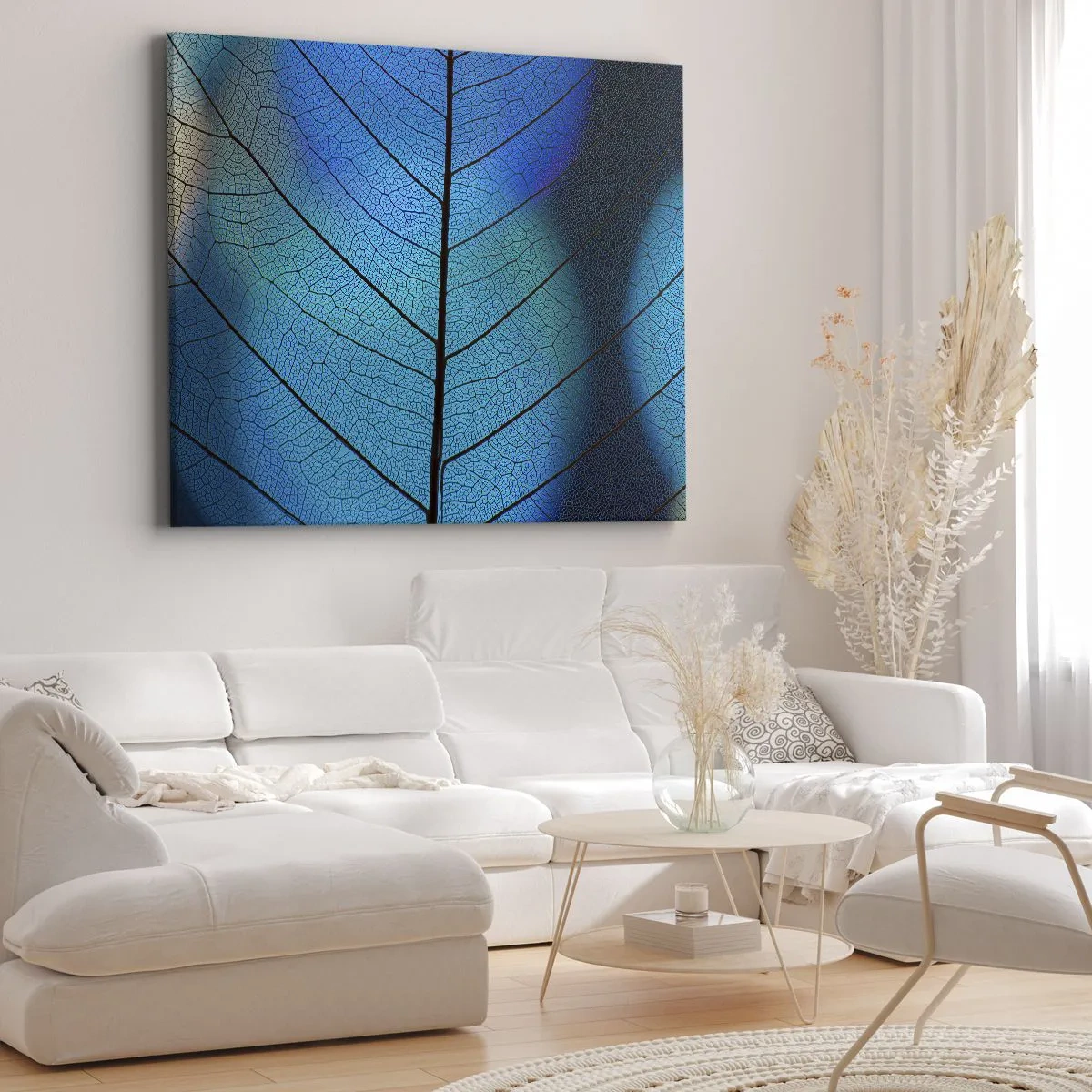 Tablou pe pânză Canvas - Prim-plan al unei frunze albastre cu detalii vizibile ale venelor - 70x50cm - Construcție de finețe - Decorațiune modernă pentru perete pentru living și dormitor ARTTOR