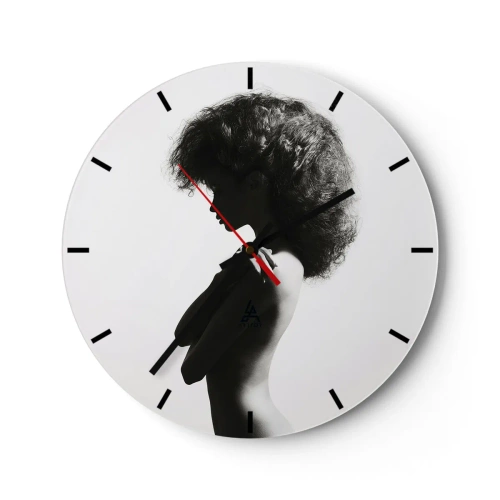 Ceas de perete - Ceas pe sticlă - Portret alb-negru al unei femei în semiprofil cu o coafură dinamică - 30x30cm - Ca o floare pe o tulpină subțire - Decorațiune modernă pentru perete pentru living, bucătărie și dormitor ARTTOR