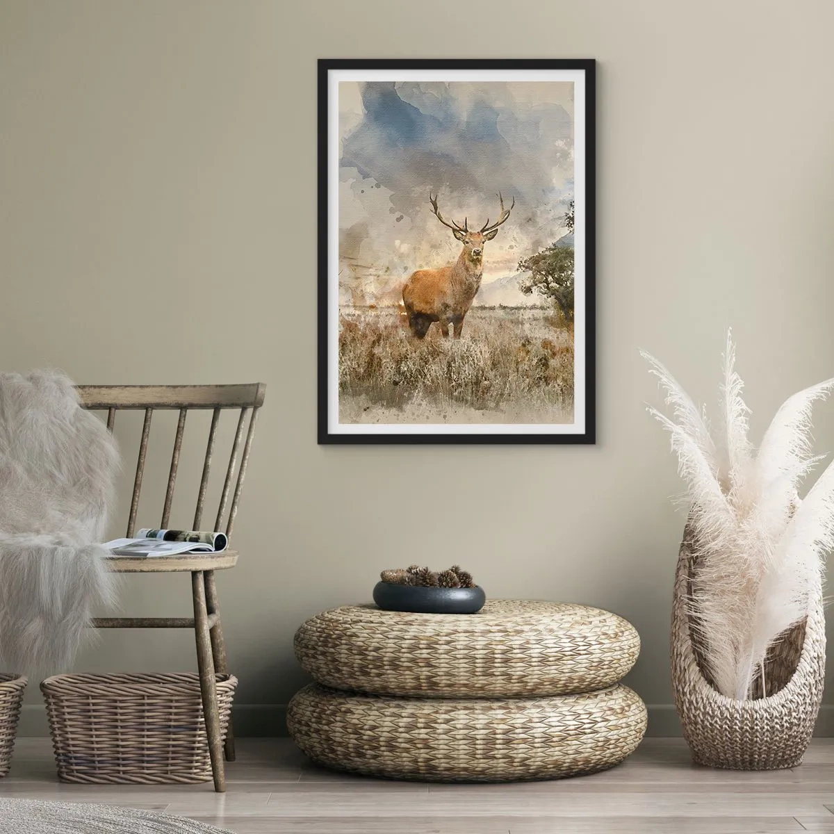 Poster în ramă neagră - Cerb pe un fundal natural într-un stil pictural - 50x70cm - Demnitate - putere - măreție - Decorațiune modernă pentru perete pentru living și dormitor ARTTOR