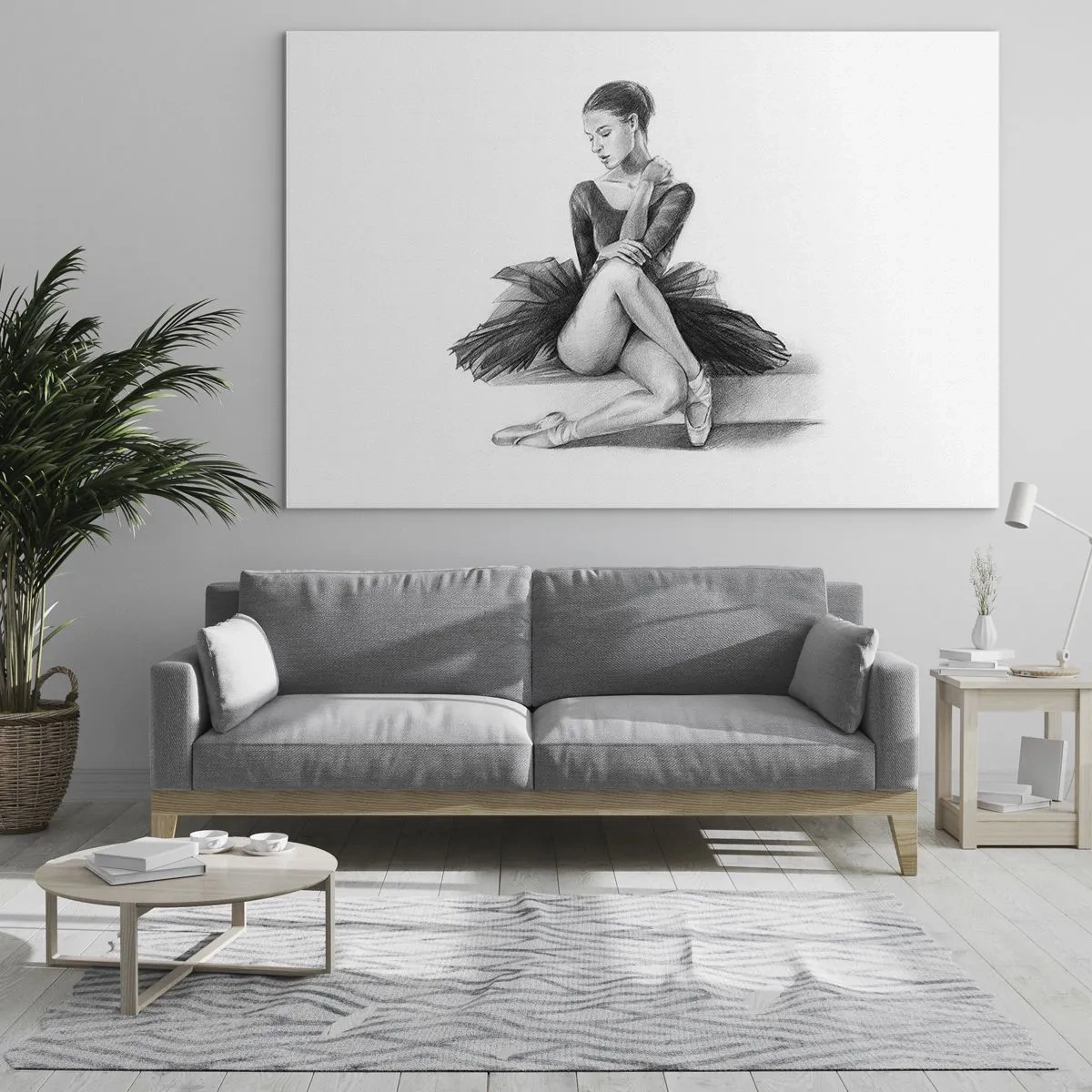 Tablou pe sticlă - Schiță a unei balerine într-o rochie neagră într-o poză gânditoare - 70x50cm - Încântată de dans - Decorațiune modernă pentru perete pentru living și dormitor ARTTOR