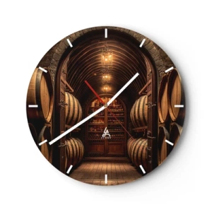 Ceas de perete - Ceas pe sticlă - Butoaie de lemn într-o pivniță de vinuri luminată - 30x30cm - Beciul cu atmosferă - Decorațiune modernă pentru perete pentru living, bucătărie și dormitor ARTTOR