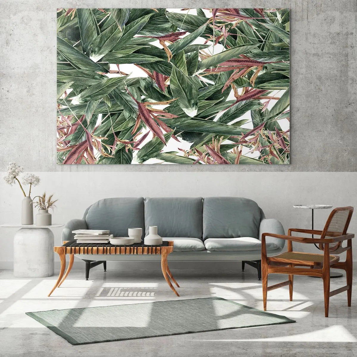 Tablou pe sticlă - Frunze în nuanțe de verde și vișiniu pe un fundal deschis - 70x50cm - Tufișuri de smarald și liliac - Decorațiune modernă pentru perete pentru living și dormitor ARTTOR
