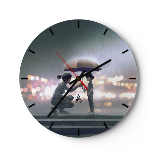 Ceas de perete - Ceas pe sticlă - Figuri în ploaie cu umbrele pe fundalul unui oraș luminat - 30x30cm - Și totul este bine acum - Decorațiune modernă pentru perete pentru living, bucătărie și dormitor ARTTOR