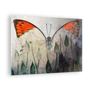 Tablou pe sticlă - Un fluture artistic înconjurat de flori delicate pe un fundal gri. - 70x50cm - Unde fluturele se leagănă pe iarbă - Decorațiune modernă pentru perete pentru living și dormitor ARTTOR