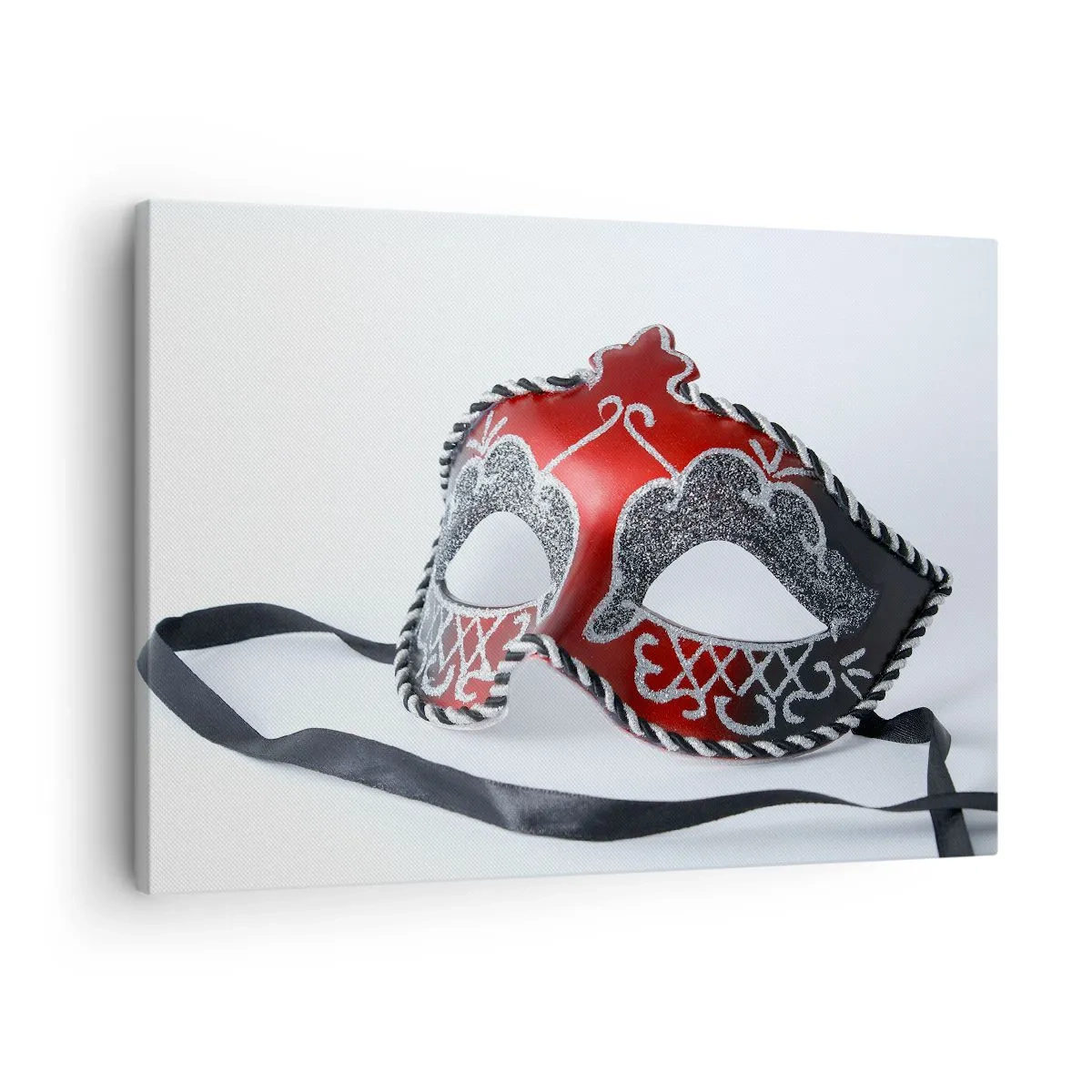 Tablou pe pânză Canvas - Mască de carnaval roșie pe fundal deschis - 70x50cm - Invitație la bal - Decorațiune modernă pentru perete pentru living și dormitor ARTTOR