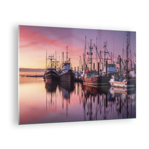 Tablou pe sticlă - Bărci de pescuit la apus într-un port liniștit - 70x50cm - Înainte de o zi plină - Decorațiune modernă pentru perete pentru living și dormitor ARTTOR