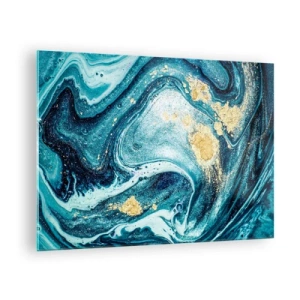 Tablou pe sticlă - Vârtejuri abstracte în nuanțe de turcoaz și auriu - 70x50cm - Vârtej albastru - Decorațiune modernă pentru perete pentru living și dormitor ARTTOR