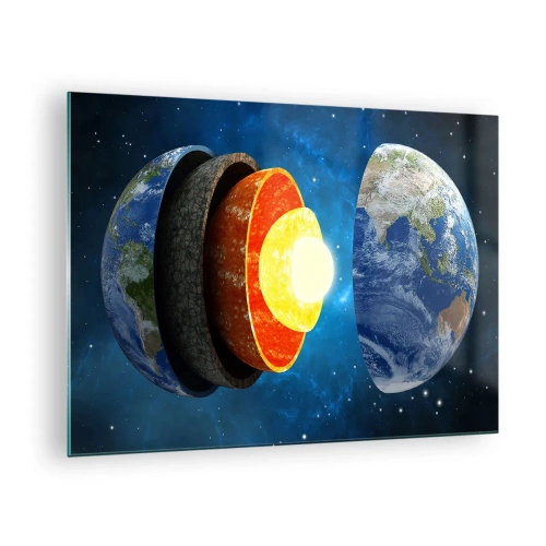 Tablou pe sticlă - O secțiune transversală a Pământului care arată straturile sale pe fundalul spațiului. - 70x50cm - Expediție în interiorul Pământului - Decorațiune modernă pentru perete pentru living și dormitor ARTTOR