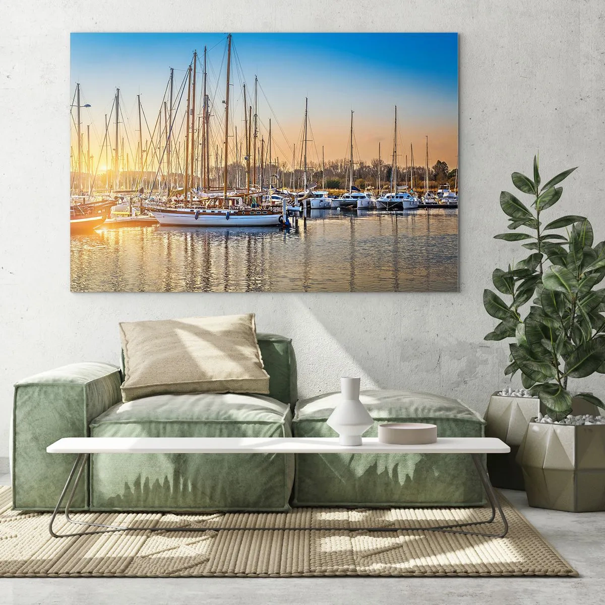 Tablou pe sticlă - O marină plină de veliere în lumina soarelui care apune - 70x50cm - Vântul trebuie să doarmă și el - Decorațiune modernă pentru perete pentru living și dormitor ARTTOR