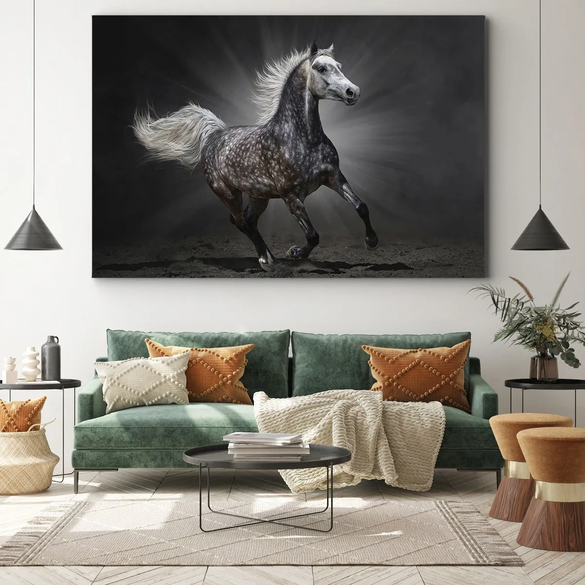 Tablou pe pânză Canvas - Un cal alb galopând pe un fundal întunecat - 70x50cm - Griul elefantin este frumos - Decorațiune modernă pentru perete pentru living și dormitor ARTTOR