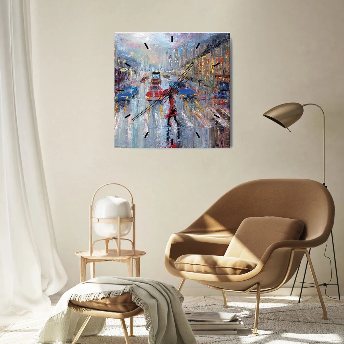 Ceas de perete - Ceas pe sticlă - O după-amiază ploioasă în oraș - 40x40 cm