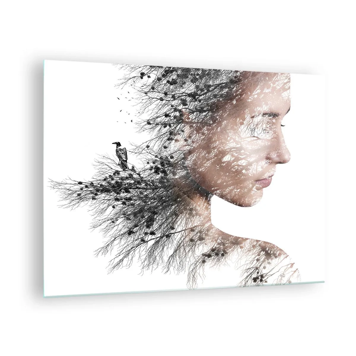 Tablou pe sticlă - Portretul unei femei cu ramuri în fundal - 70x50cm - Spiritul pădurii - Decorațiune modernă pentru perete pentru living și dormitor ARTTOR