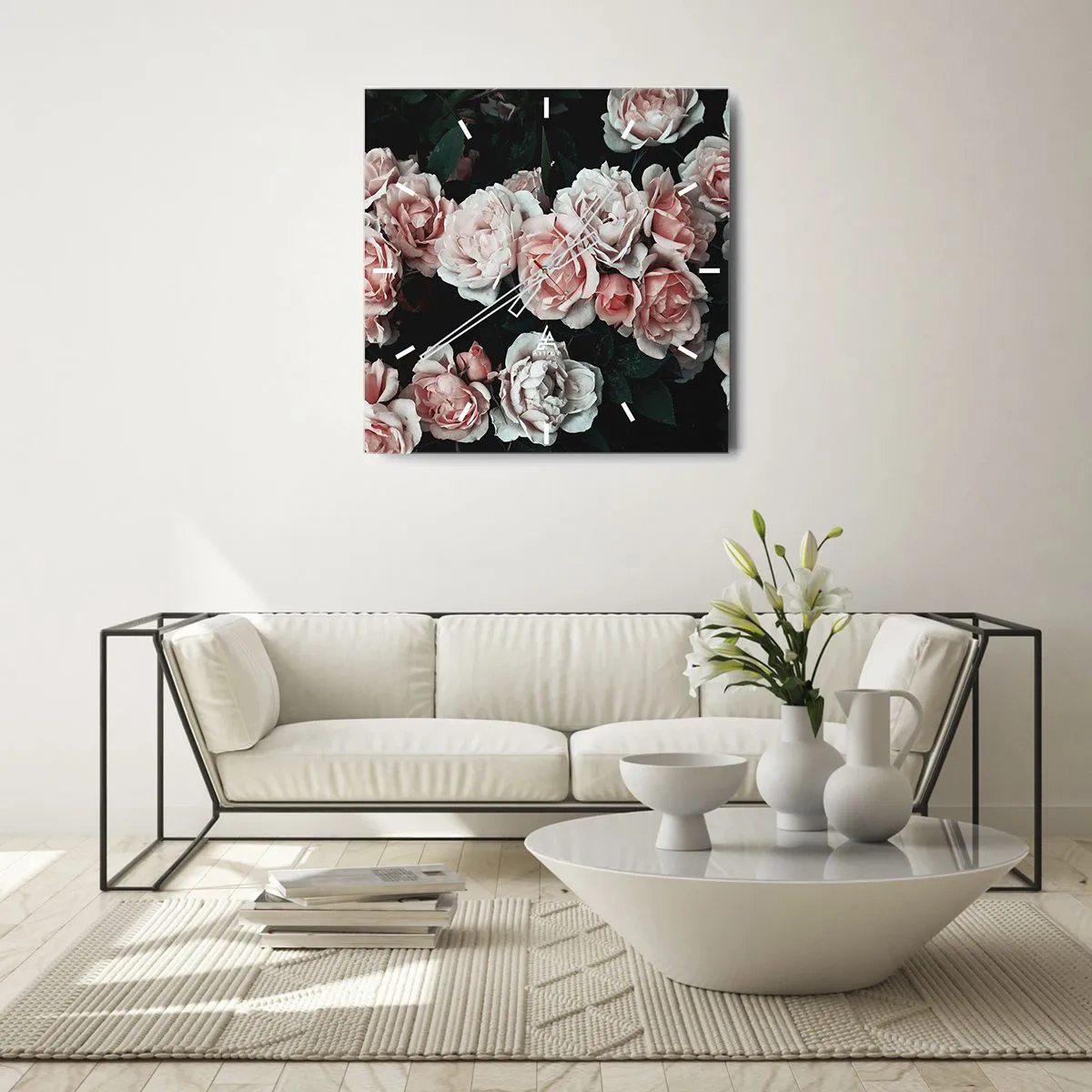 Ceas de perete - Ceas pe sticlă - Ansamble de trandafiri - 30x30 cm