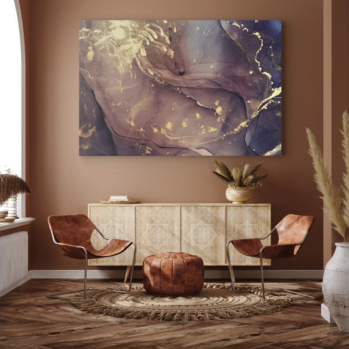 Tablou pe pânză Canvas - Compoziție abstractă cu nuanțe de auriu și violet - 70x50cm - Materie și spirit - Decorațiune modernă pentru perete pentru living și dormitor ARTTOR