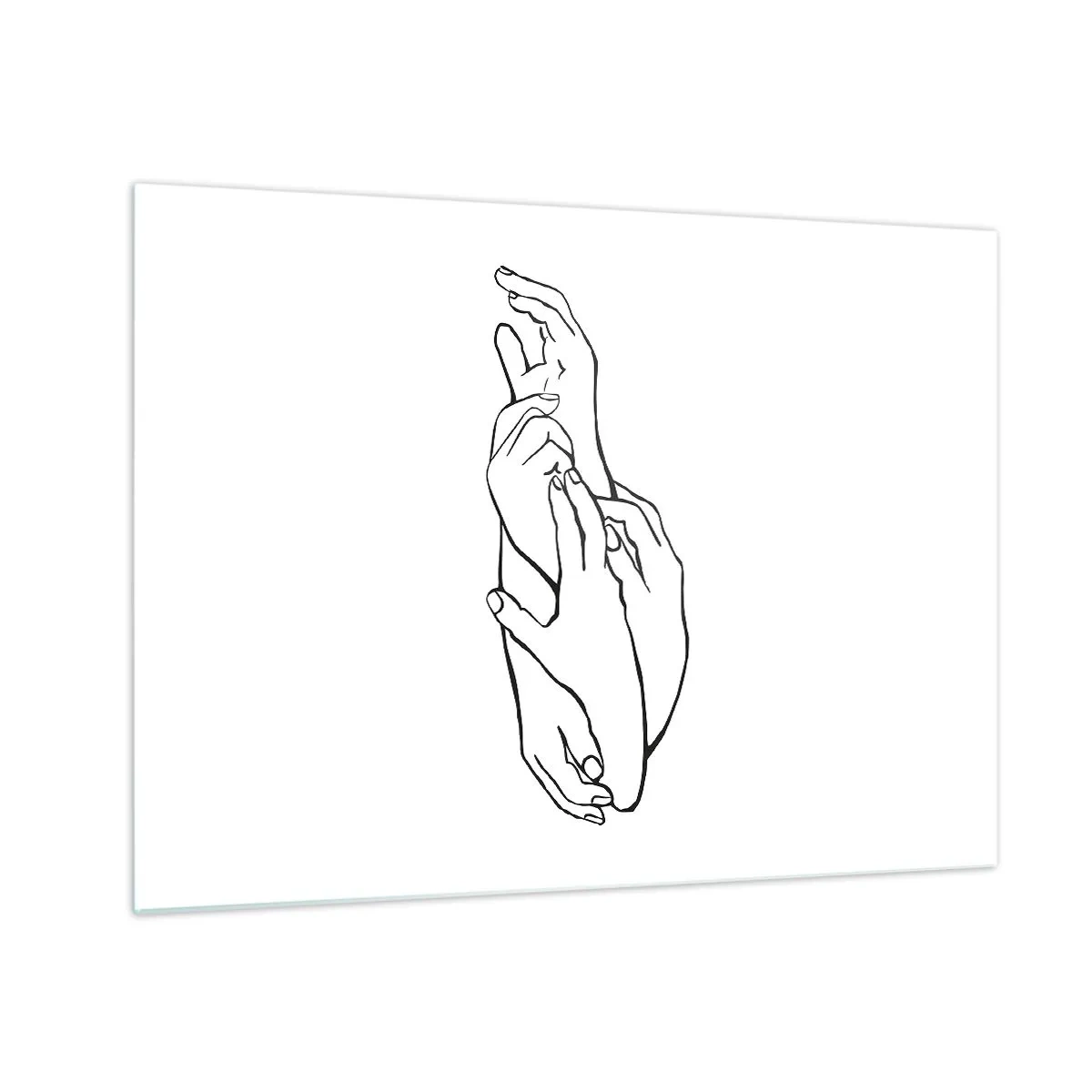 Tablou pe sticlă - Un desen liniar subtil al mâinilor împreunate pe un fundal alb. - 70x50cm - Atingere bună - Decorațiune modernă pentru perete pentru living și dormitor ARTTOR