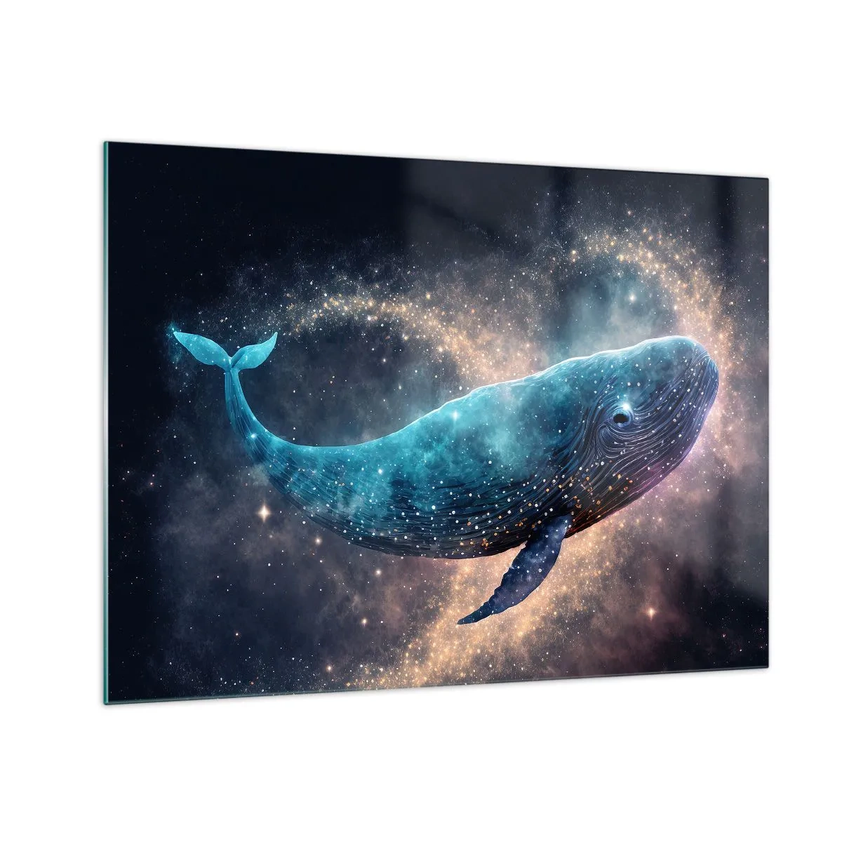 Tablou pe sticlă - Balenă albastră plutind în galaxie - 70x50cm - Există o lume... - Decorațiune modernă pentru perete pentru living și dormitor ARTTOR