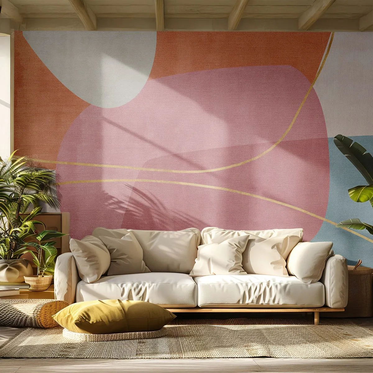 Tapet Premium Sand - Compoziție pastel cu fir de aur - Abstracția, Minimalism, Forme - 400x280 cm