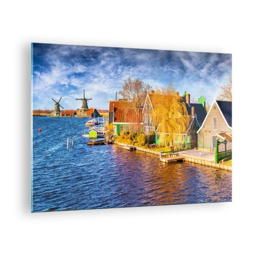 Tablou pe sticlă - Case pitorești olandeze pe malul apei, cu mori de vânt - 70x50cm - Neschimbat de secole - Decorațiune modernă pentru perete pentru living și dormitor ARTTOR