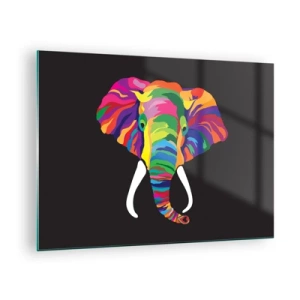 Tablou pe sticlă - Un elefant colorat pe un fundal negru într-un stil artistic - 70x50cm - Elefantul căruia îi plăcea să se scalde în curcubeu - Decorațiune modernă pentru perete pentru living și dormitor ARTTOR