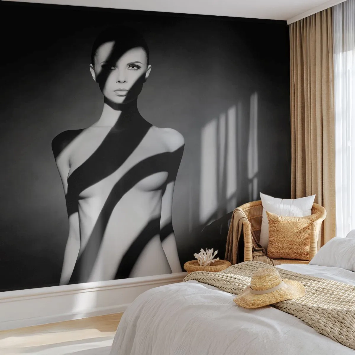 Tapet Standard Eco - Siluetă alb-negru cu joc de umbre - 100x70cm - La strălucire și la umbră - Decorațiune modernă pentru perete pentru living și dormitor ARTTOR