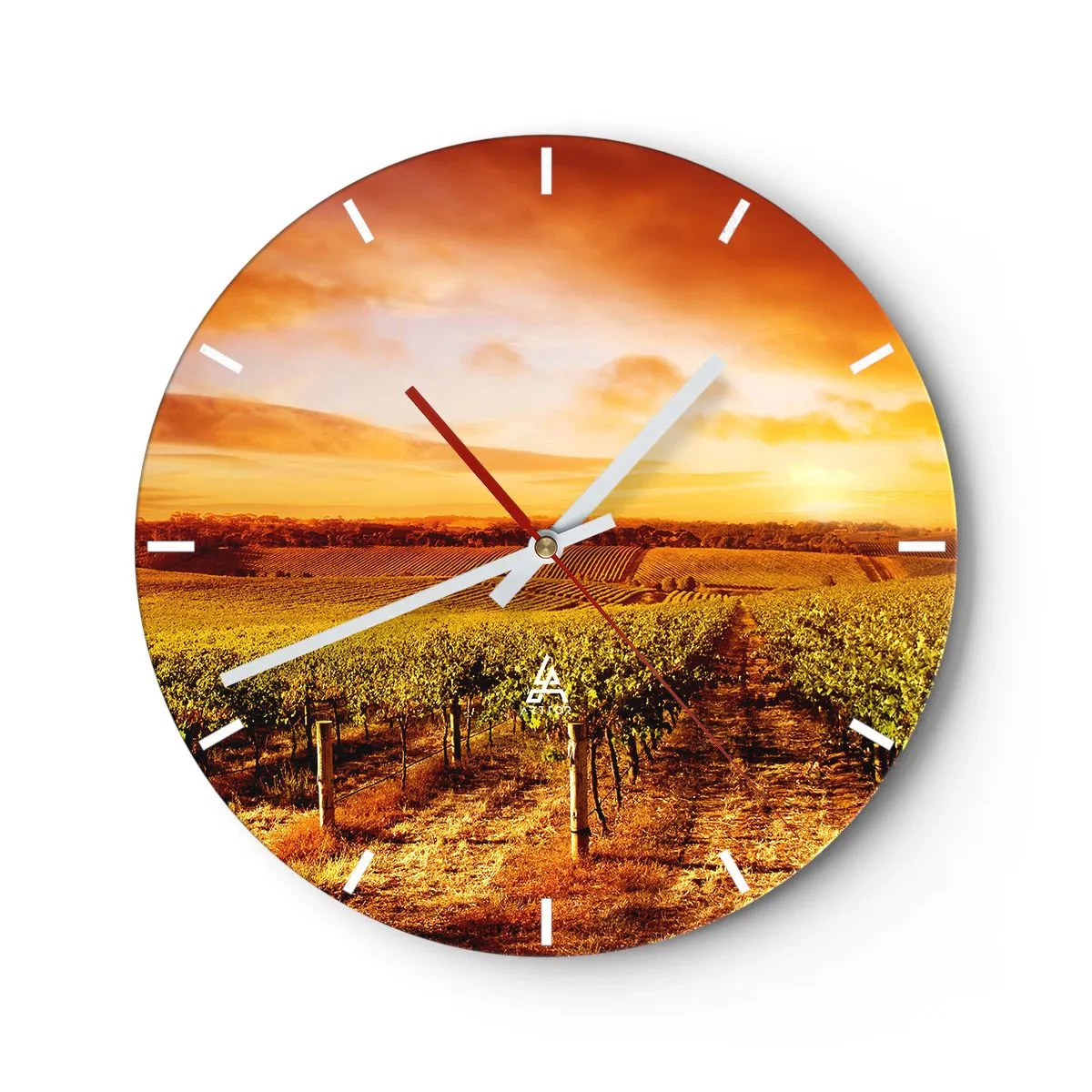Ceas de perete - Ceas pe sticlă - Apus de soare peste podgorie - 30x30cm - Cu un iz de fructe, cu o notă de soare - Decorațiune modernă pentru perete pentru living, bucătărie și dormitor ARTTOR