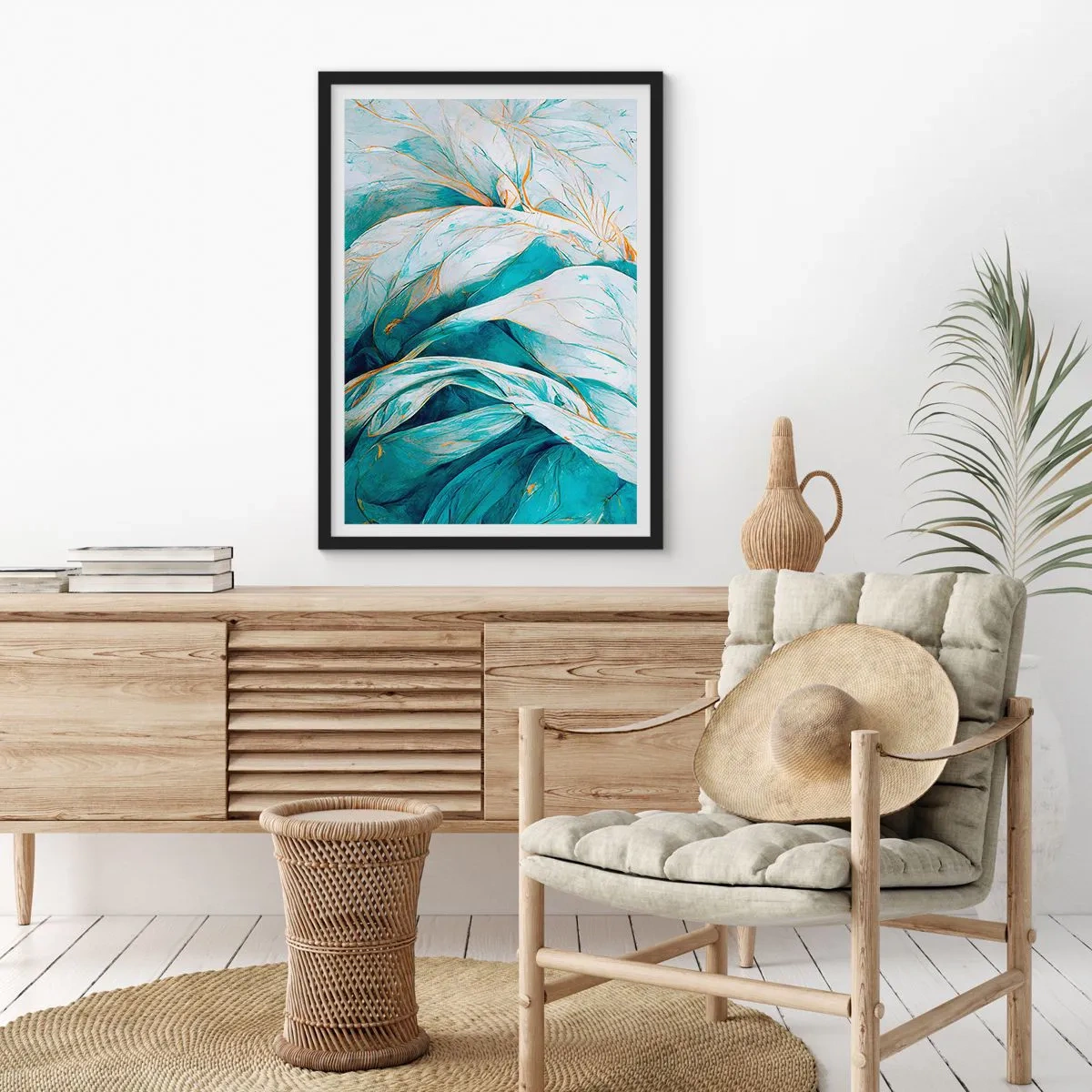 Poster în ramă neagră - Frunze abstracte în nuanțe de turcoaz și alb cu auriu delicat - 50x70cm - Abstractul albastru cu motiv auriu - Decorațiune modernă pentru perete pentru living și dormitor ARTTOR