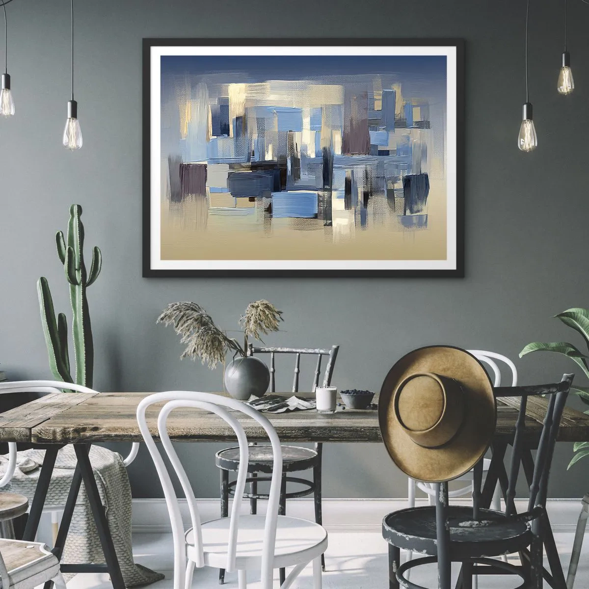 Poster în ramă neagră - Construcție albastră - 70x50 cm