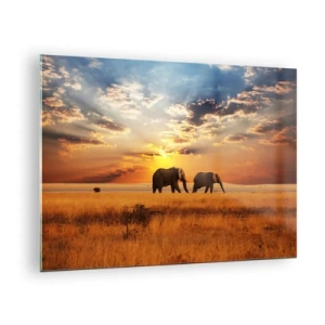 Tablou pe sticlă - Elefanți în savana africană la apus - 70x50cm - Plimbare în familie - Decorațiune modernă pentru perete pentru living și dormitor ARTTOR