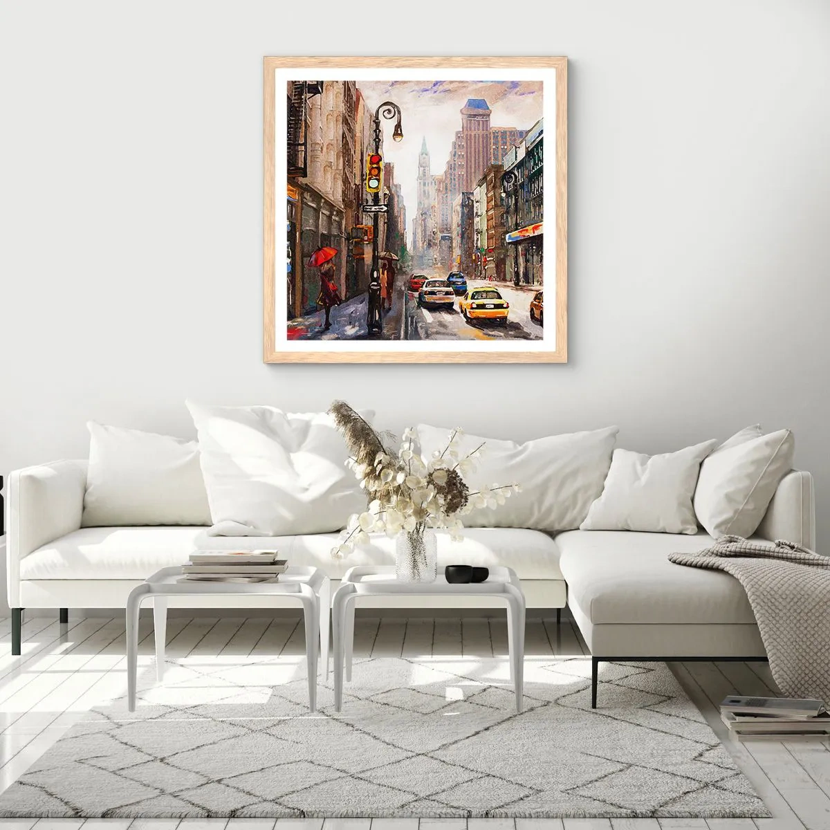 Poster în ramă de stejar deschis - New York - plin de culoare și în ploaie - 60x60 cm