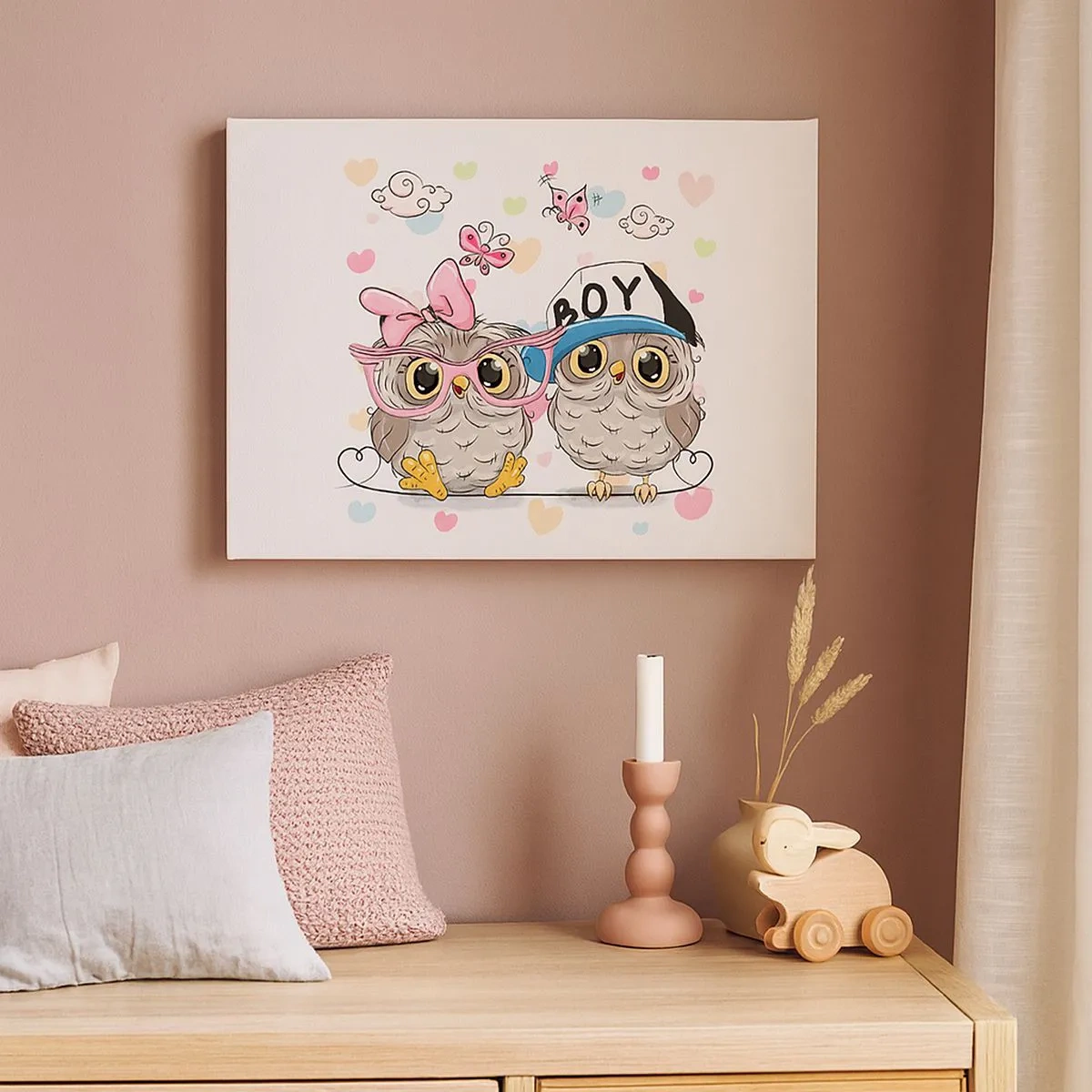 Tablou pe pânză Canvas - Două bufnițe adorabile înconjurate de inimioare - 70x50cm - Să ne iubim! - Decorațiune modernă pentru perete pentru living și dormitor ARTTOR