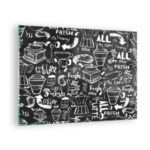 Tablou pe sticlă - Grafică și litere de cafea pe fundal negru în stil retro - 70x50cm - All you need is… - Decorațiune modernă pentru perete pentru living și dormitor ARTTOR