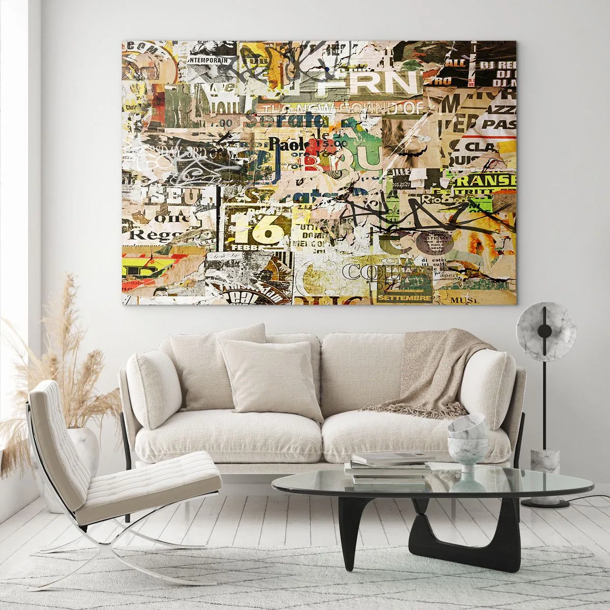 Tablou pe sticlă - O compoziție artistică de postere, inscripții și graffiti - 70x50cm - Oh, se întâmplă... - Decorațiune modernă pentru perete pentru living și dormitor ARTTOR
