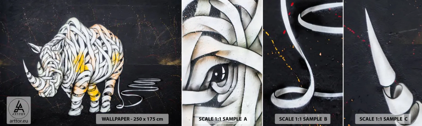 Mostră tapet autocolant Deluxe Sticker - Rinocer cu piele delicată - Abstracția, Rinocer, Abstracția - 100x30 cm