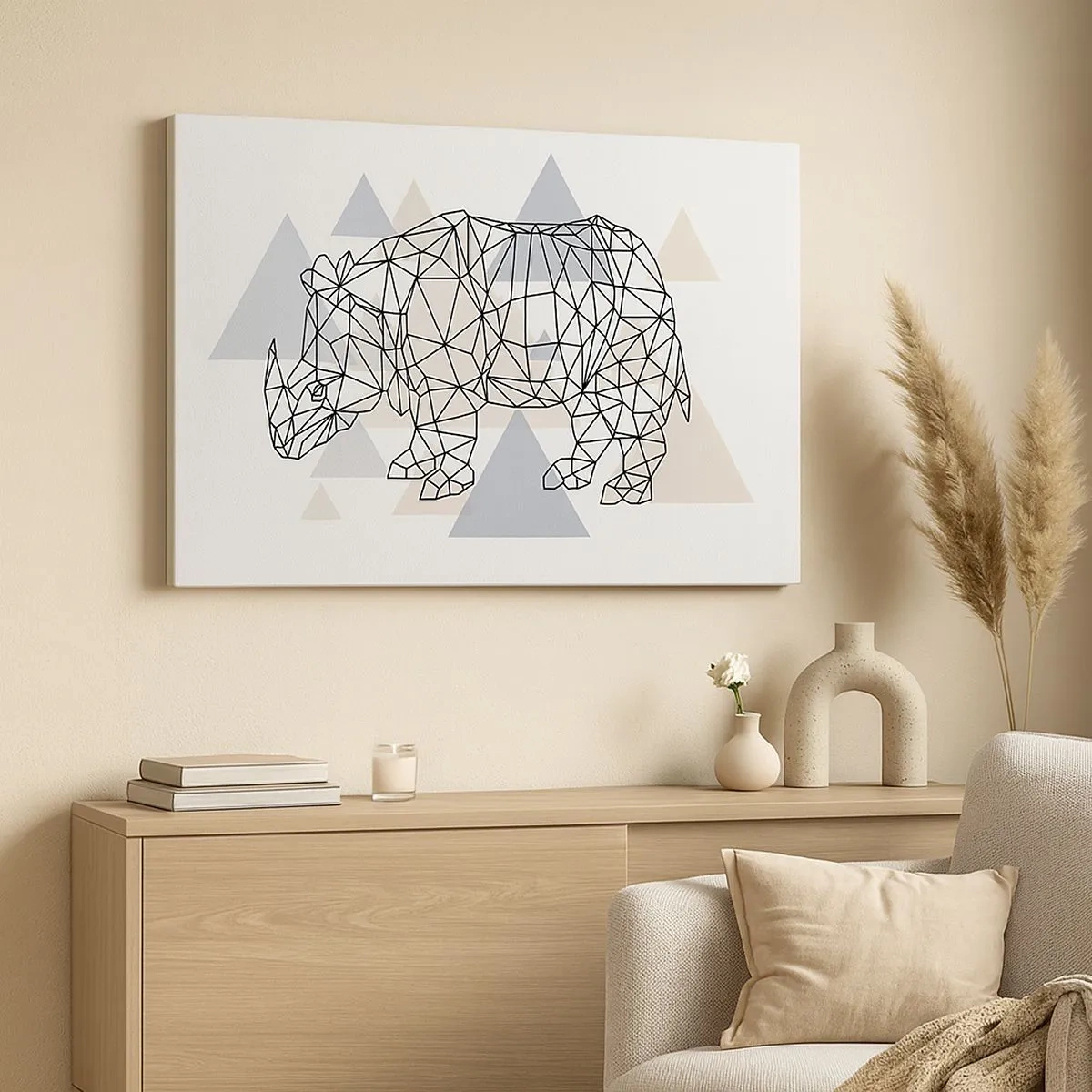 Tablou pe pânză Canvas - Rinocer geometric pe un fundal de triunghiuri delicate - 70x50cm - Structura forței - Decorațiune modernă pentru perete pentru living și dormitor ARTTOR