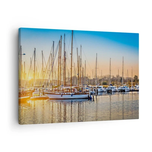 Tablou pe pânză Canvas - Apus de soare peste un port plin de bărci cu pânze - 70x50cm - Vântul trebuie să doarmă și el - Decorațiune modernă pentru perete pentru living și dormitor ARTTOR