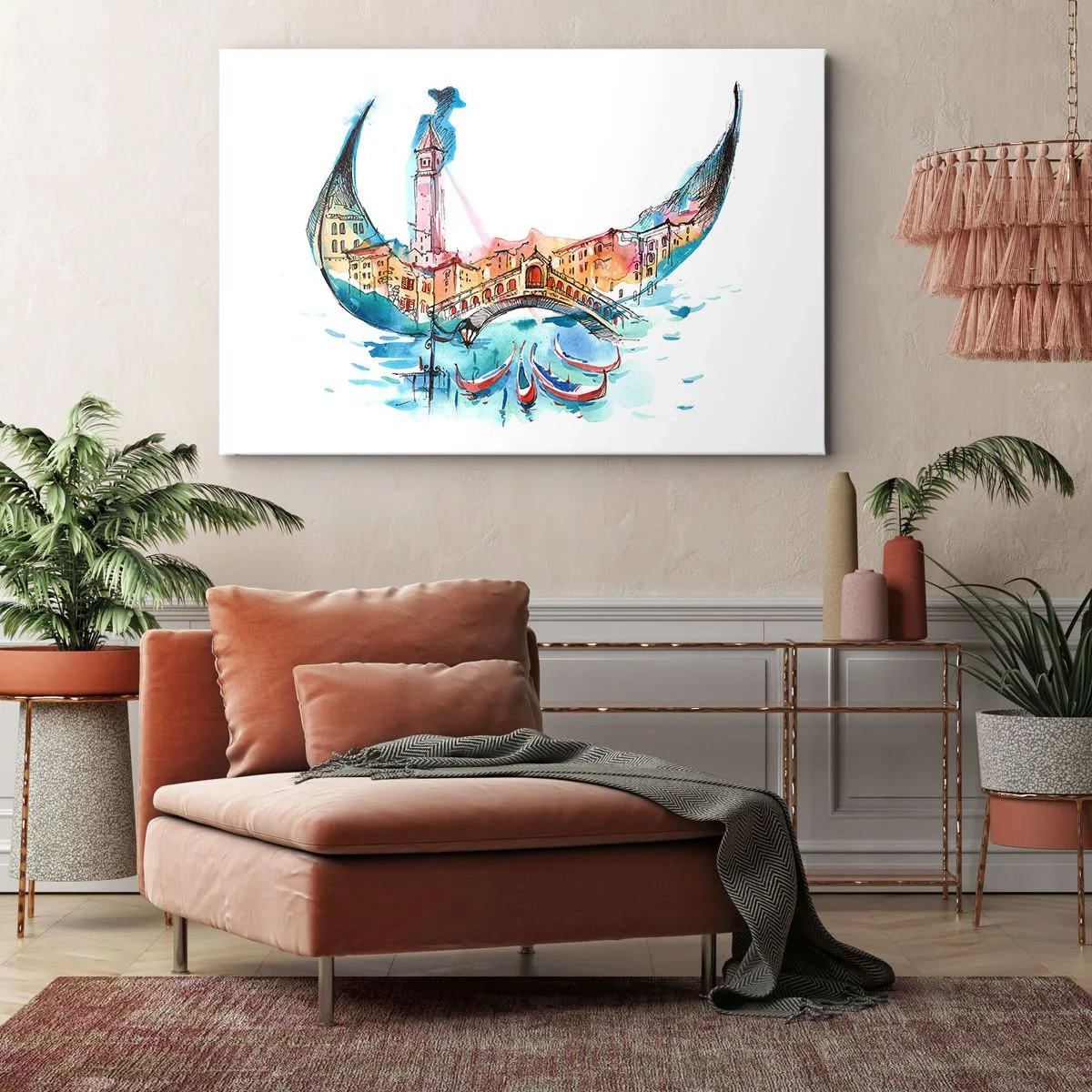 Tablou pe pânză Canvas - O compoziție în acuarelă a Veneției în formă de gondolă - 70x50cm - Croazieră prin oraș - Decorațiune modernă pentru perete pentru living și dormitor ARTTOR