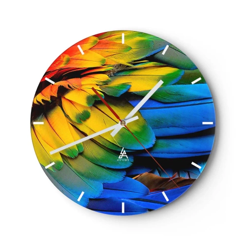 Ceas de perete - Ceas pe sticlă - Penele vibrante ale unei păsări tropicale - 30x30cm - Pasăre de paradis - Decorațiune modernă pentru perete pentru living, bucătărie și dormitor ARTTOR