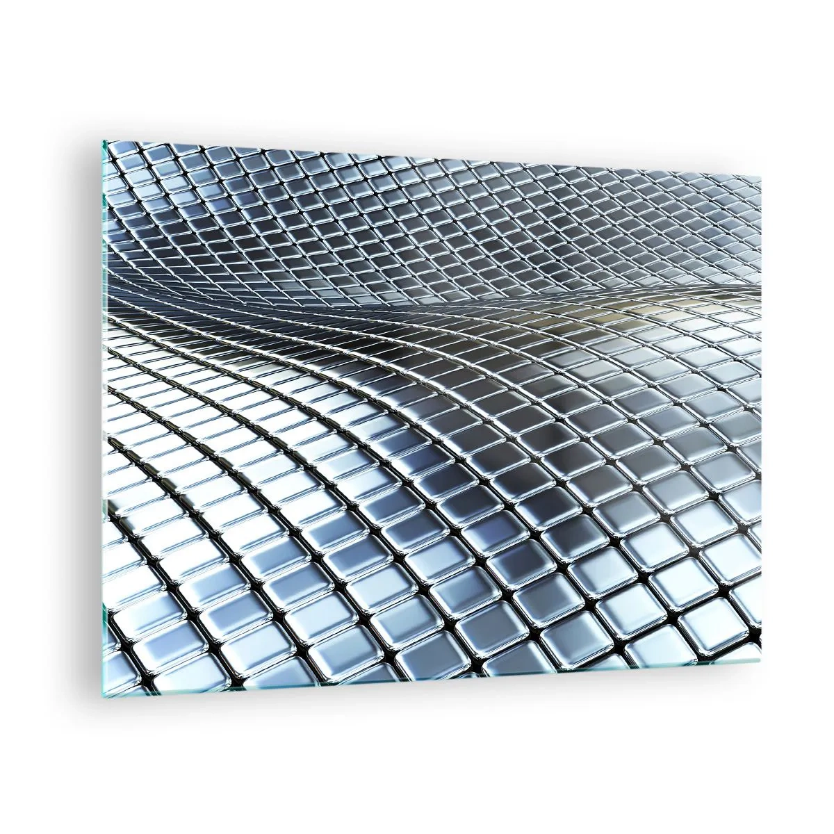 Tablou pe sticlă - Suprafață abstractă cu pătrate metalice strălucitoare - 70x50cm - Val metalic argintiu - Decorațiune modernă pentru perete pentru living și dormitor ARTTOR